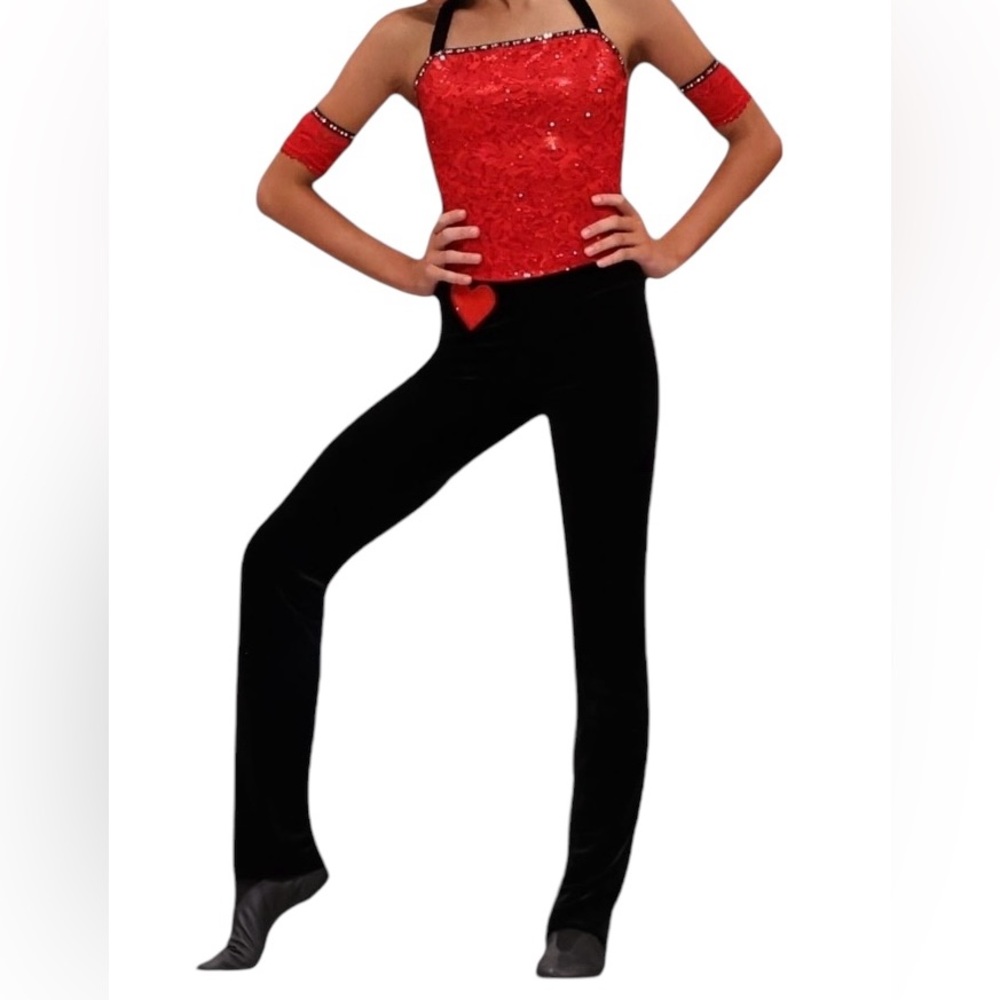 Custom Girls’ Jazz/Tap Dance Costume w/ Accessories, Black/Red Sequenced, CL